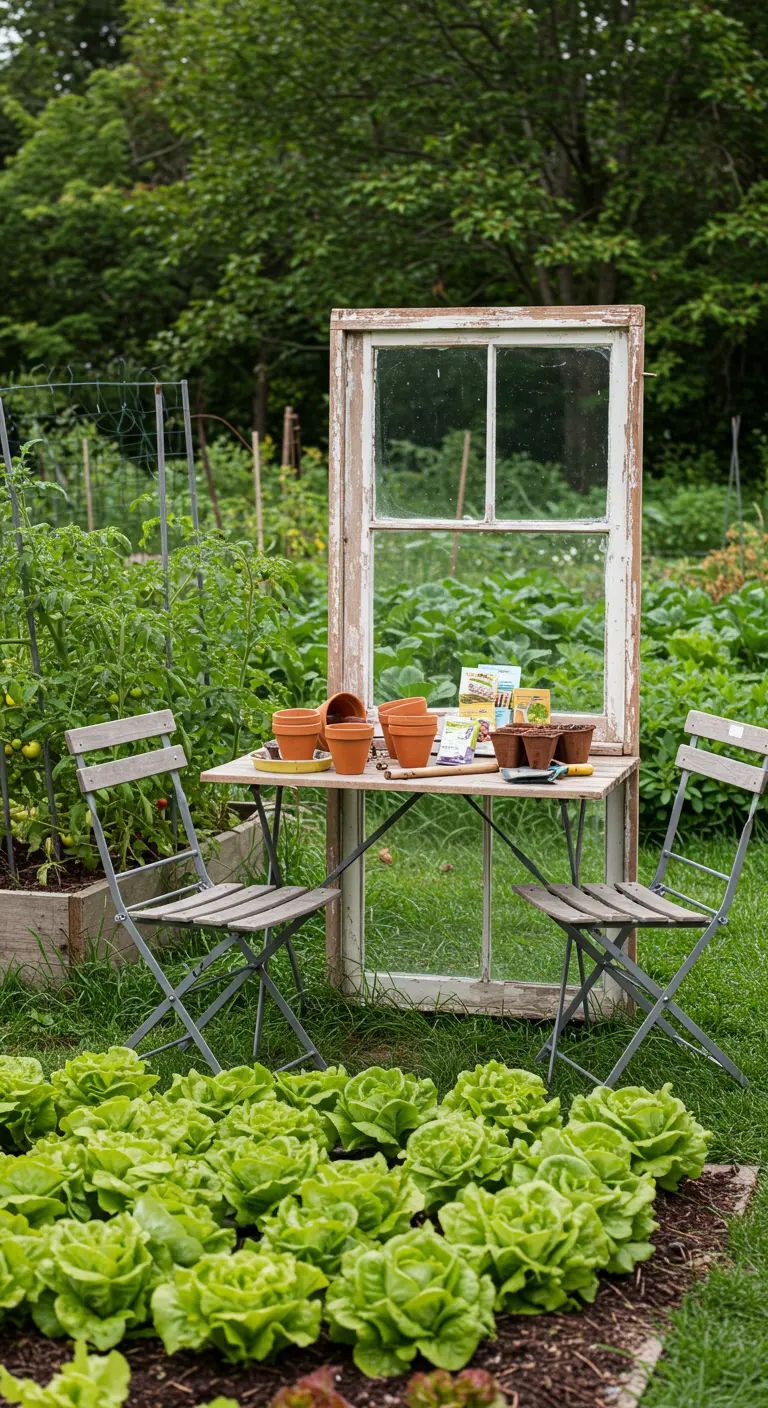 A weathered window frame provides a backdrop for a bistro table set up for potting plants in a garden.