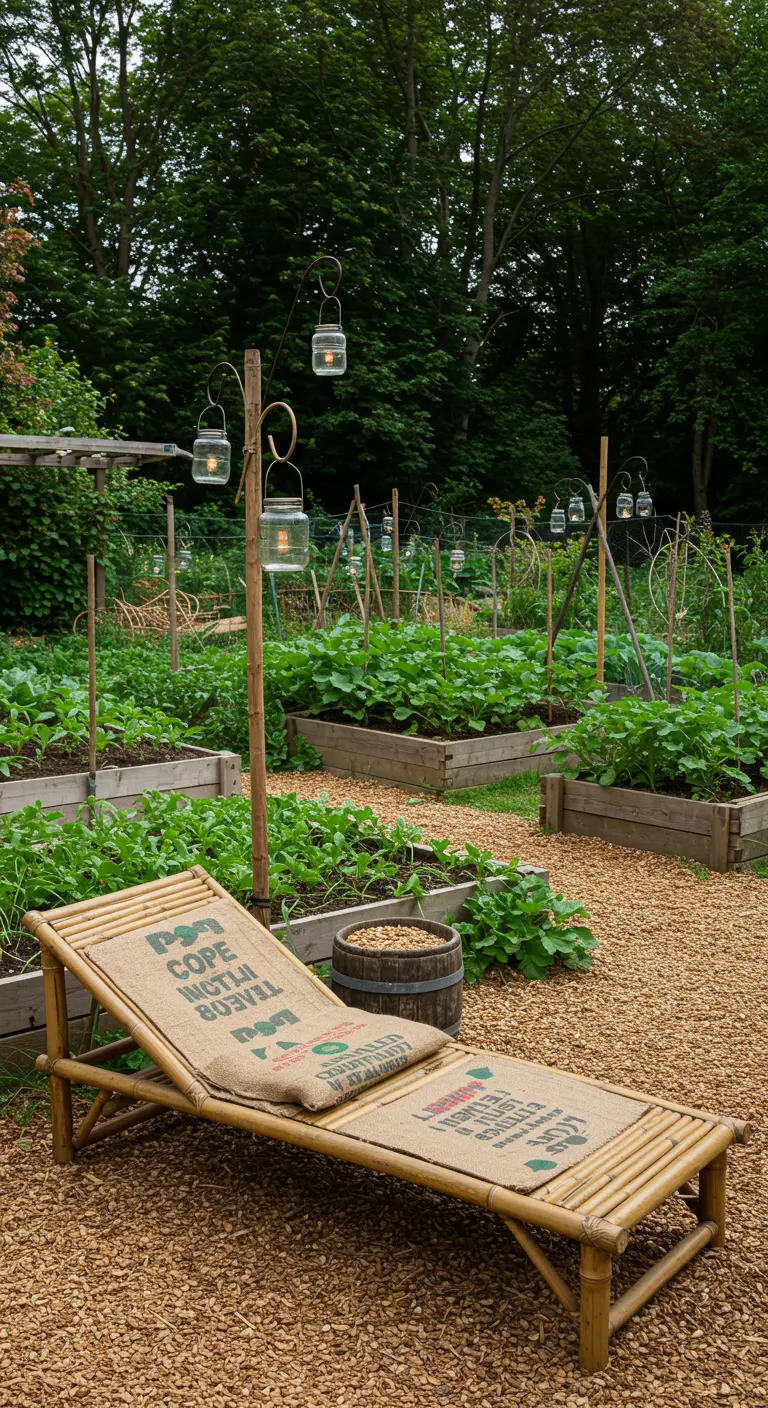 A bamboo lounger with a burlap cushion in a vegetable garden with lanterns hanging from stakes.