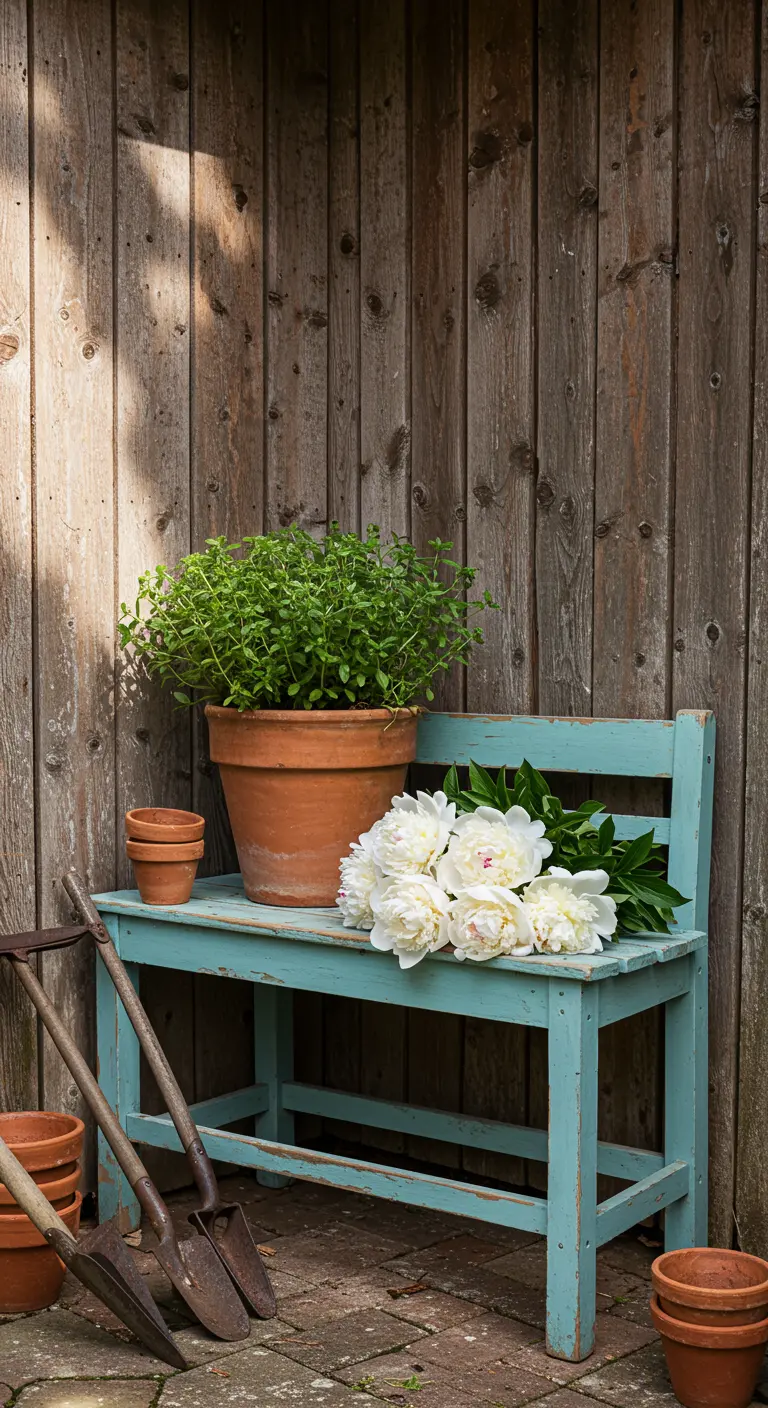 A teal potting bench holding a pot of herbs, white peonies, and garden tools.