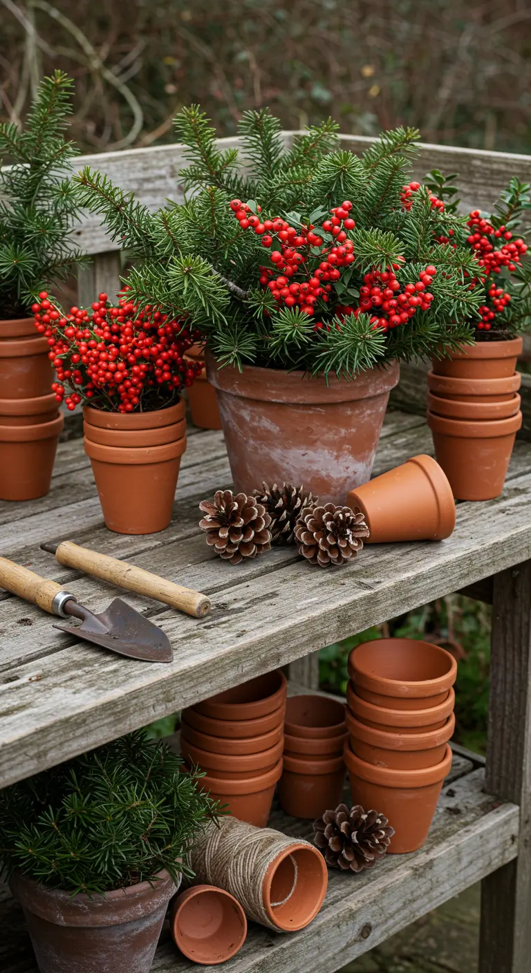 A wooden potting bench styled with terracotta pots of evergreens, berries, and pinecones.