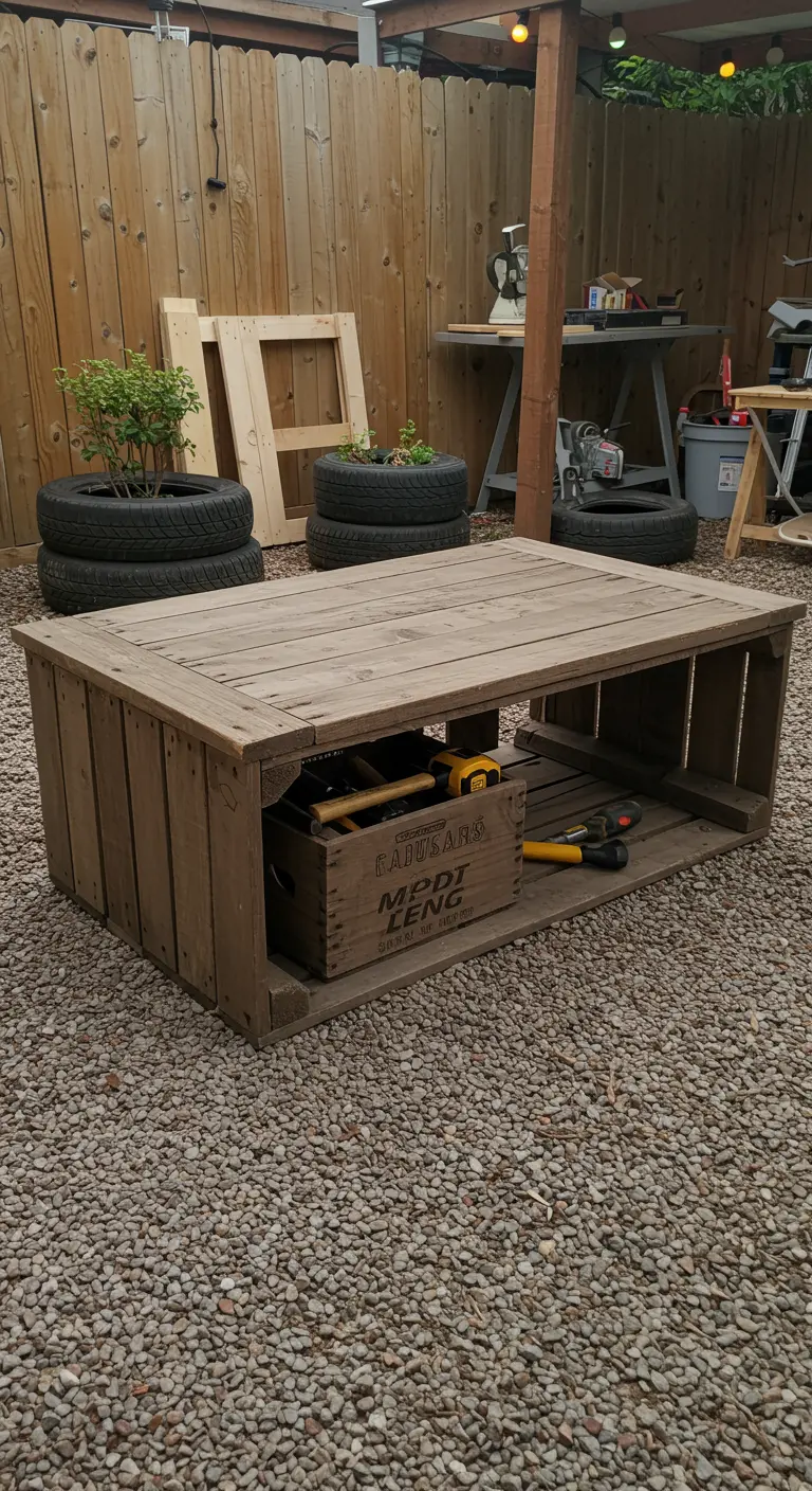Unfinished crate table in a gravel yard, with garden tools stored below.