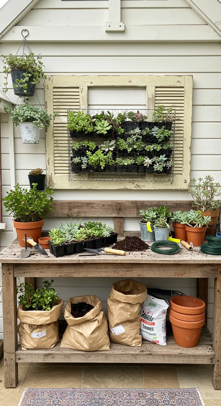 A weathered shutter with a large succulent planter hangs above a potting bench.