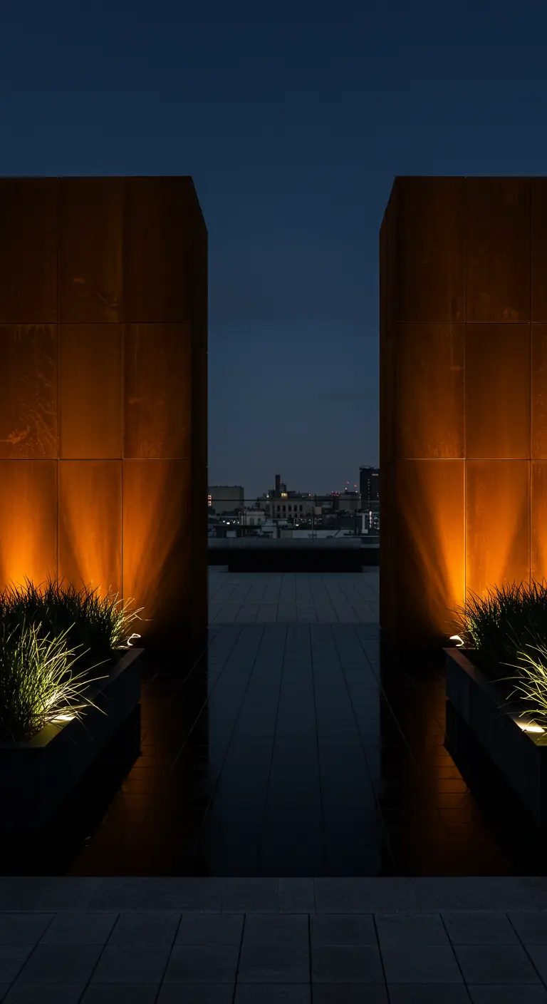 Two tall Corten steel walls creating a gateway, dramatically uplighted from the base.