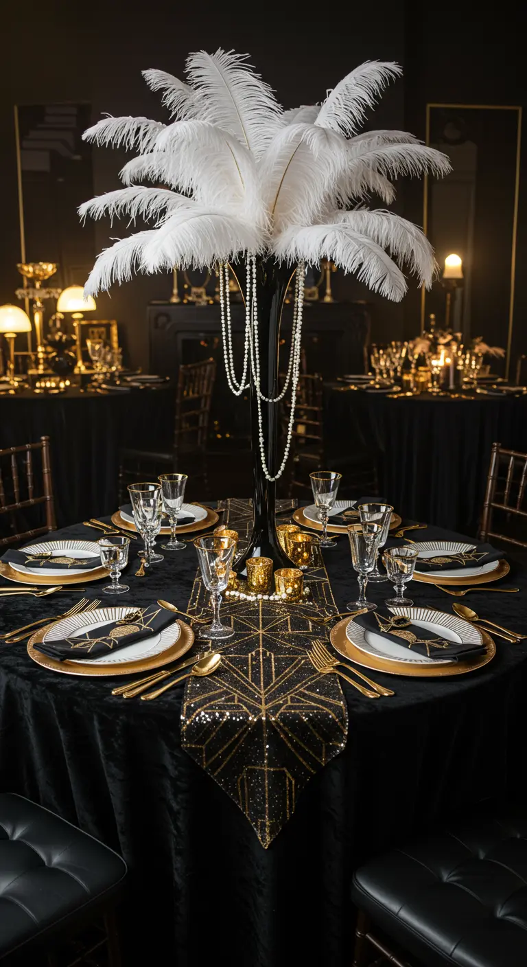 A Great Gatsby-themed table with a tall white feather centerpiece and Art Deco runner.