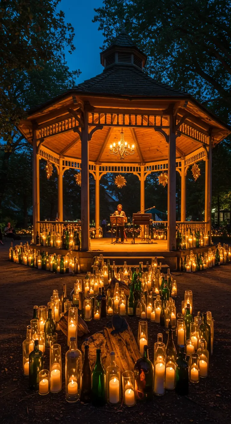 A wooden gazebo encircled by hundreds of wine bottle candles, creating a magical stage.