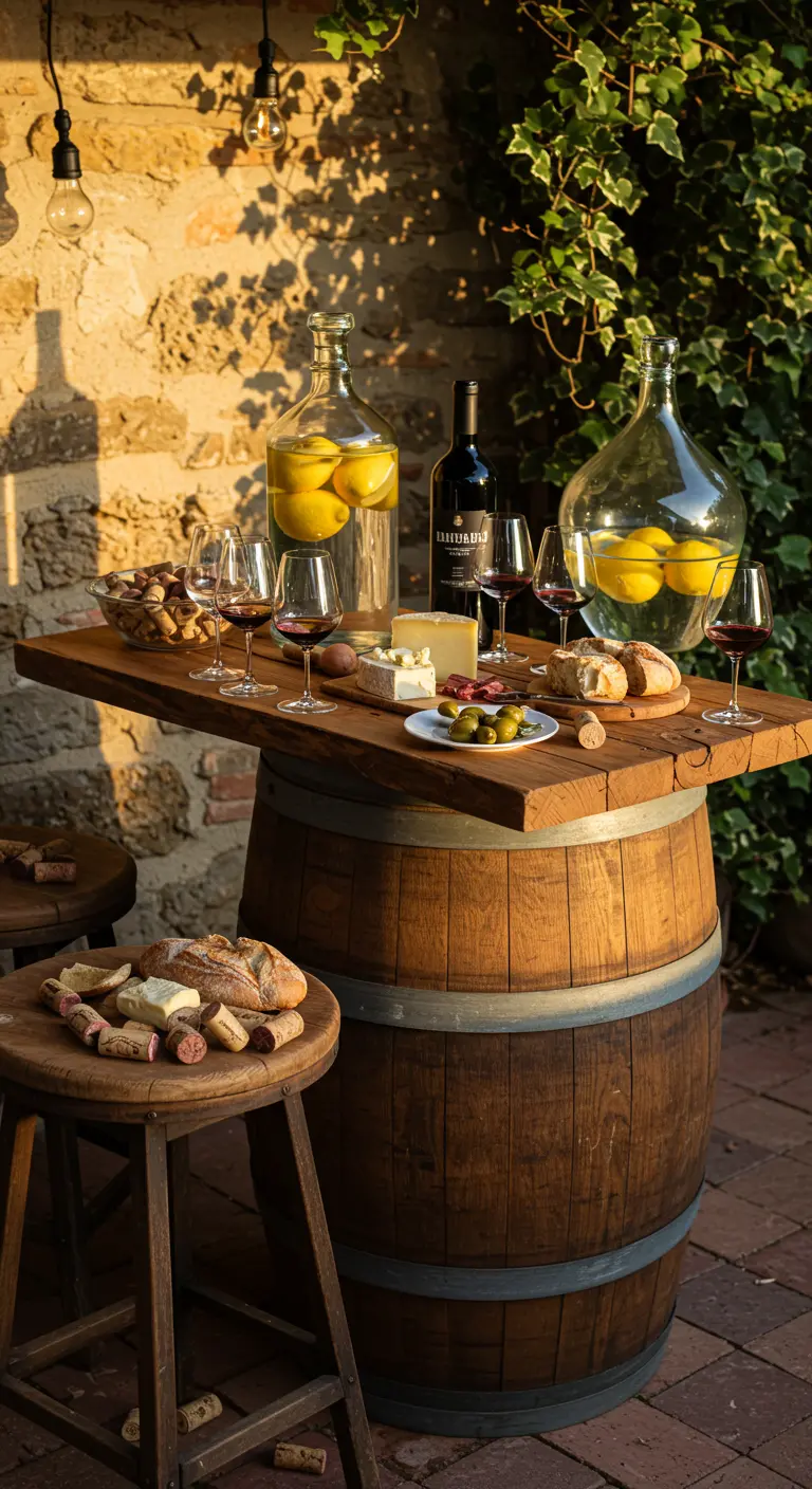 A rustic wine barrel used as a pop-up bar, with cheeses, bread, and wine.
