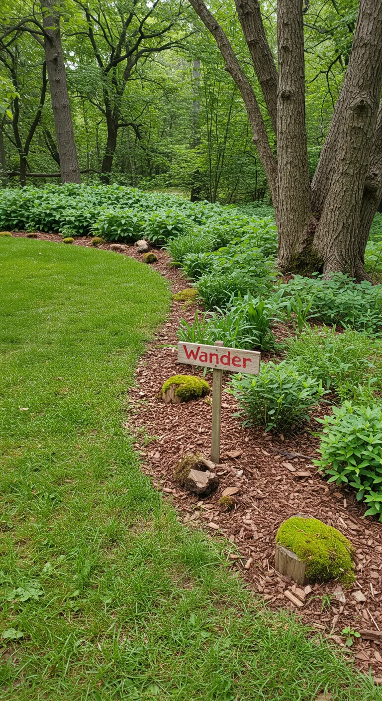 A wooden sign saying 'Wander' with red letters in a mulched woodland garden bed.