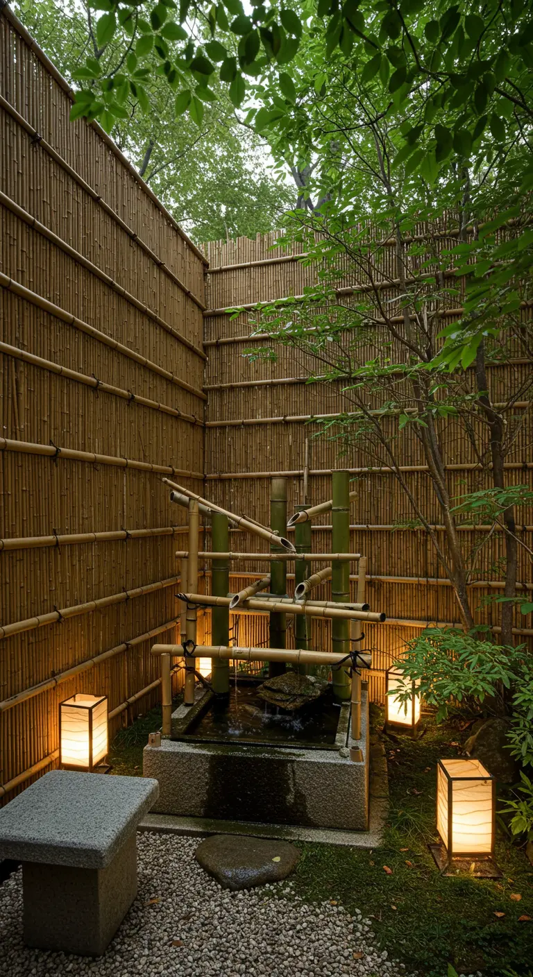 A traditional Japanese bamboo water fountain (shishi-odoshi) in a corner garden.