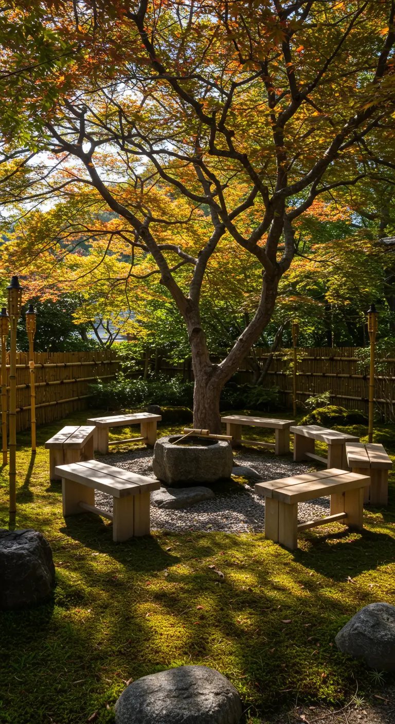 Simple wooden benches arranged in a circle under a large, spreading Japanese maple tree.