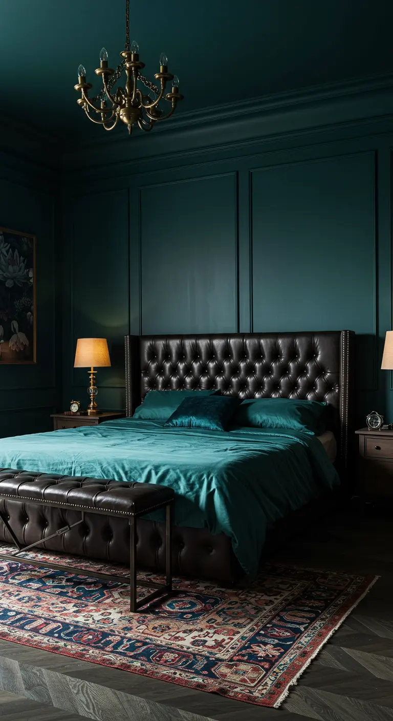 Dark teal bedroom with a black tufted leather bed and matching bench.