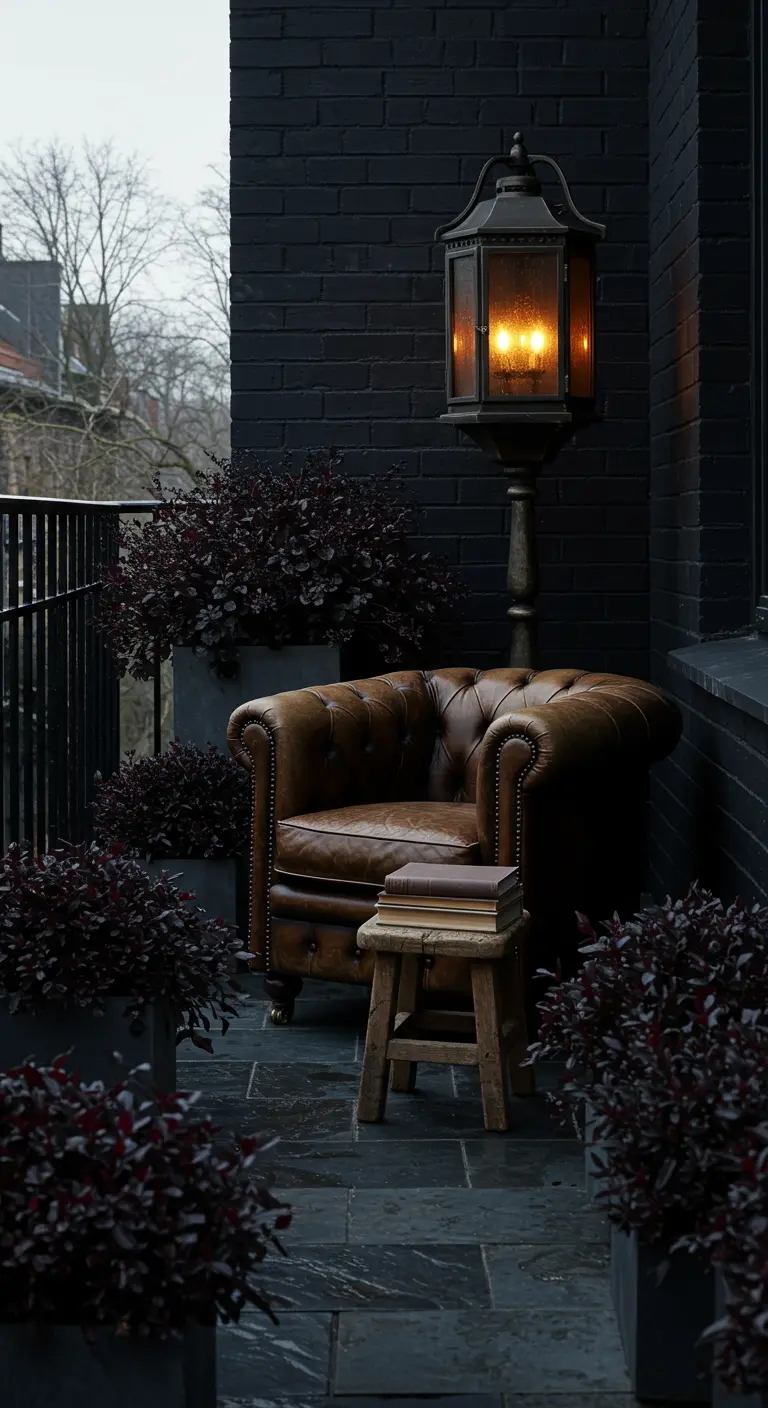 Dark balcony with a black wall, leather armchair, and a tall, glowing lamppost lantern.