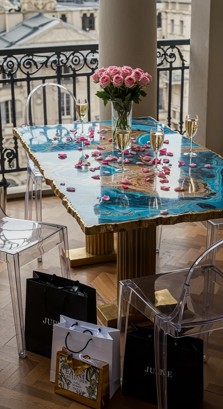 A stunning resin and gold geode-style table on a balcony, set with champagne.