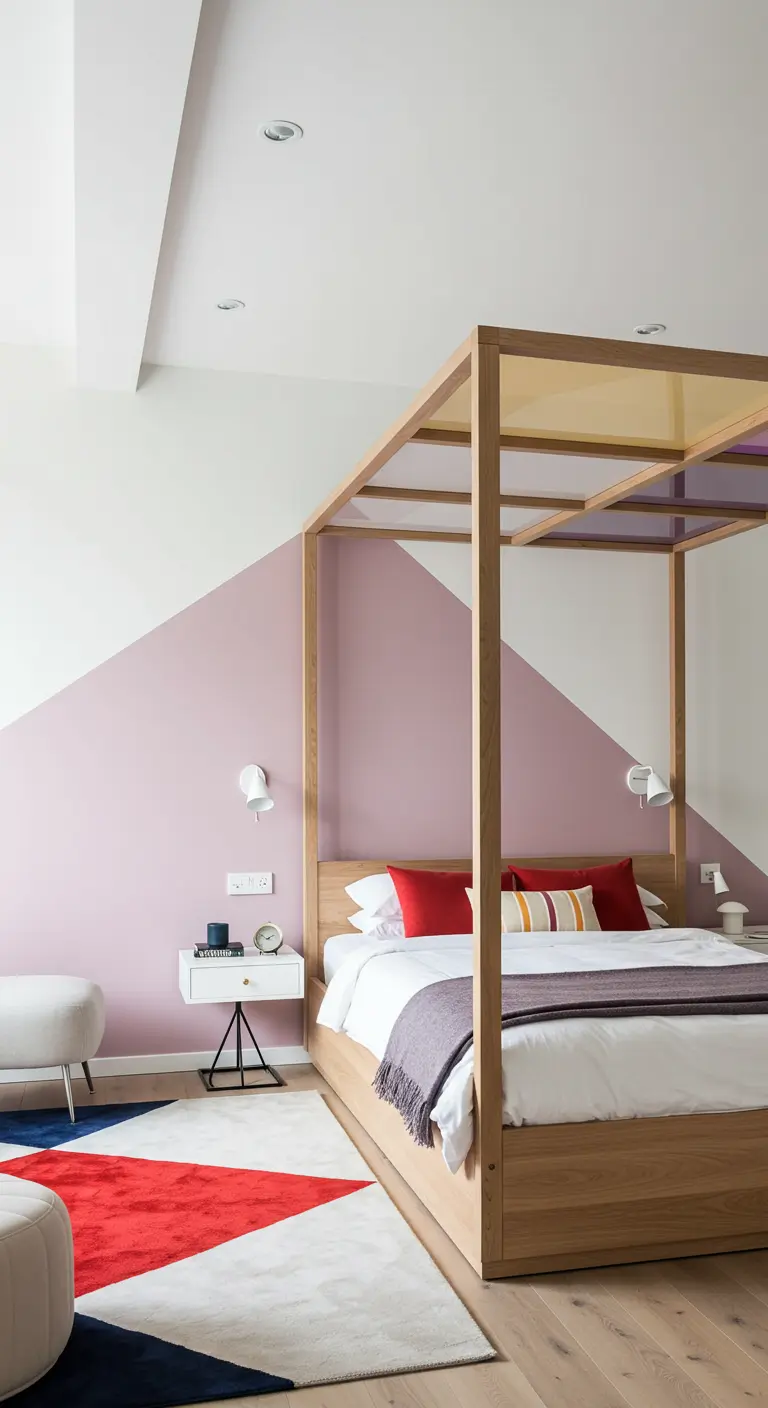 Modern bedroom with a geometric pink accent wall and a wood canopy bed.