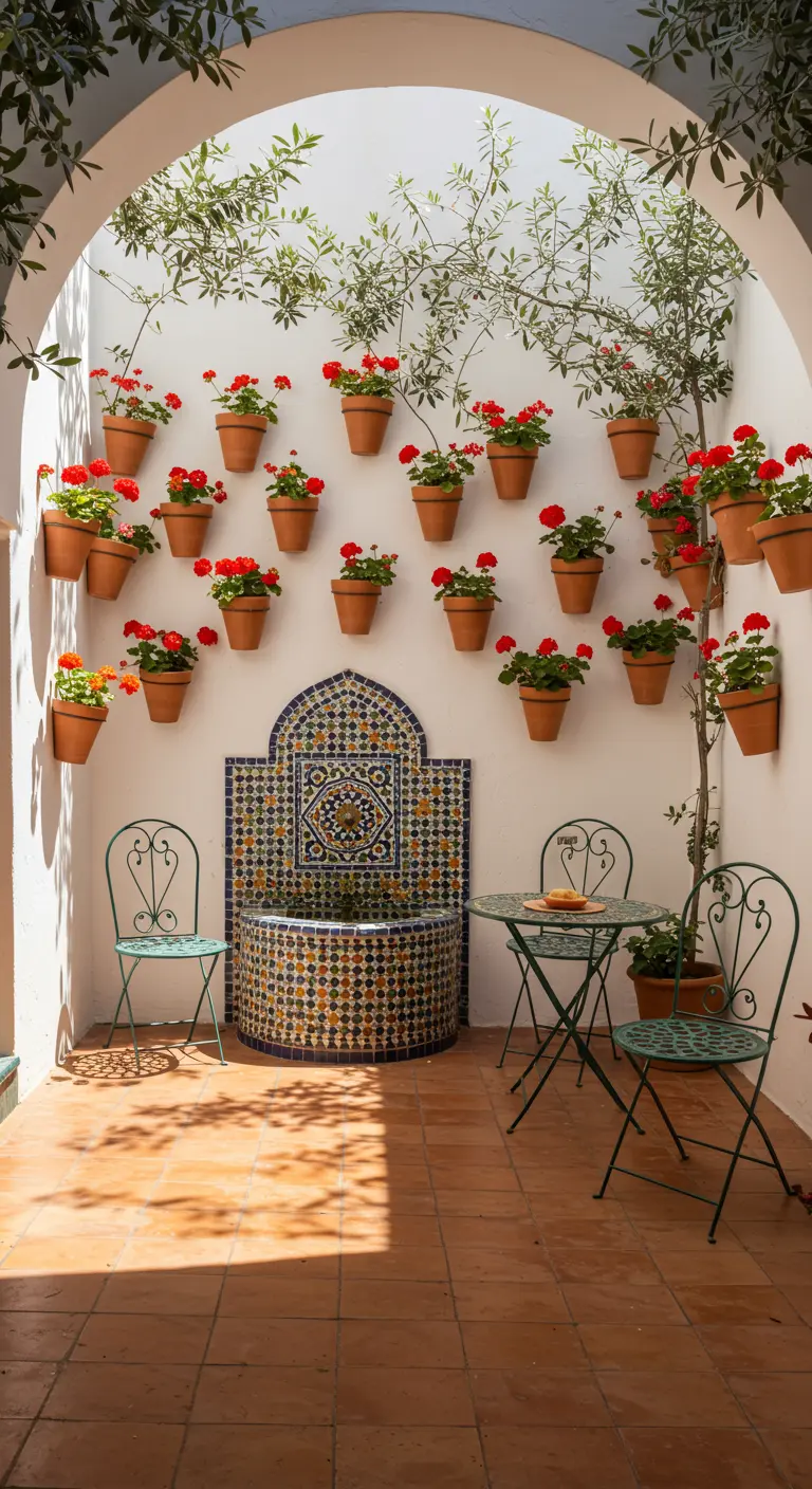 A white arched courtyard with red geraniums in wall-mounted pots and a mosaic fountain.