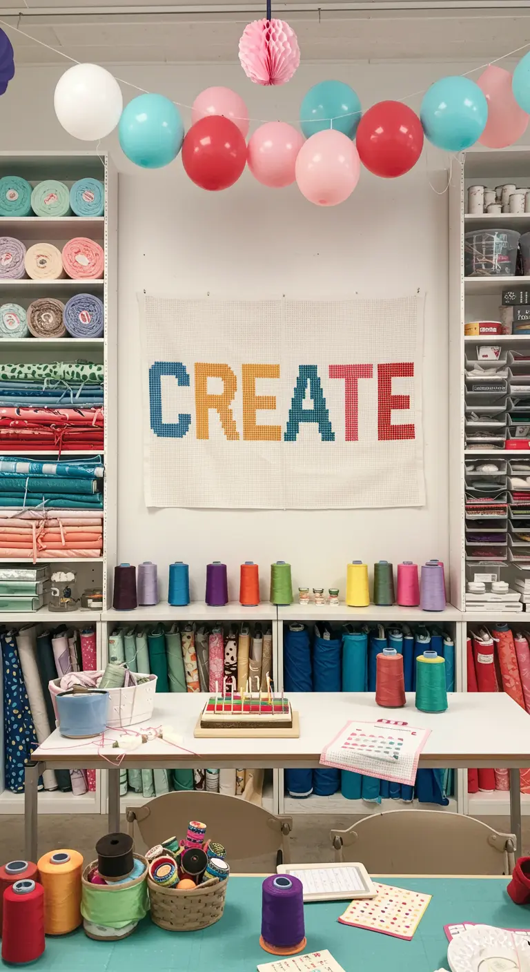 A large white cross-stitch banner with the word 'CREATE' in colorful yarn