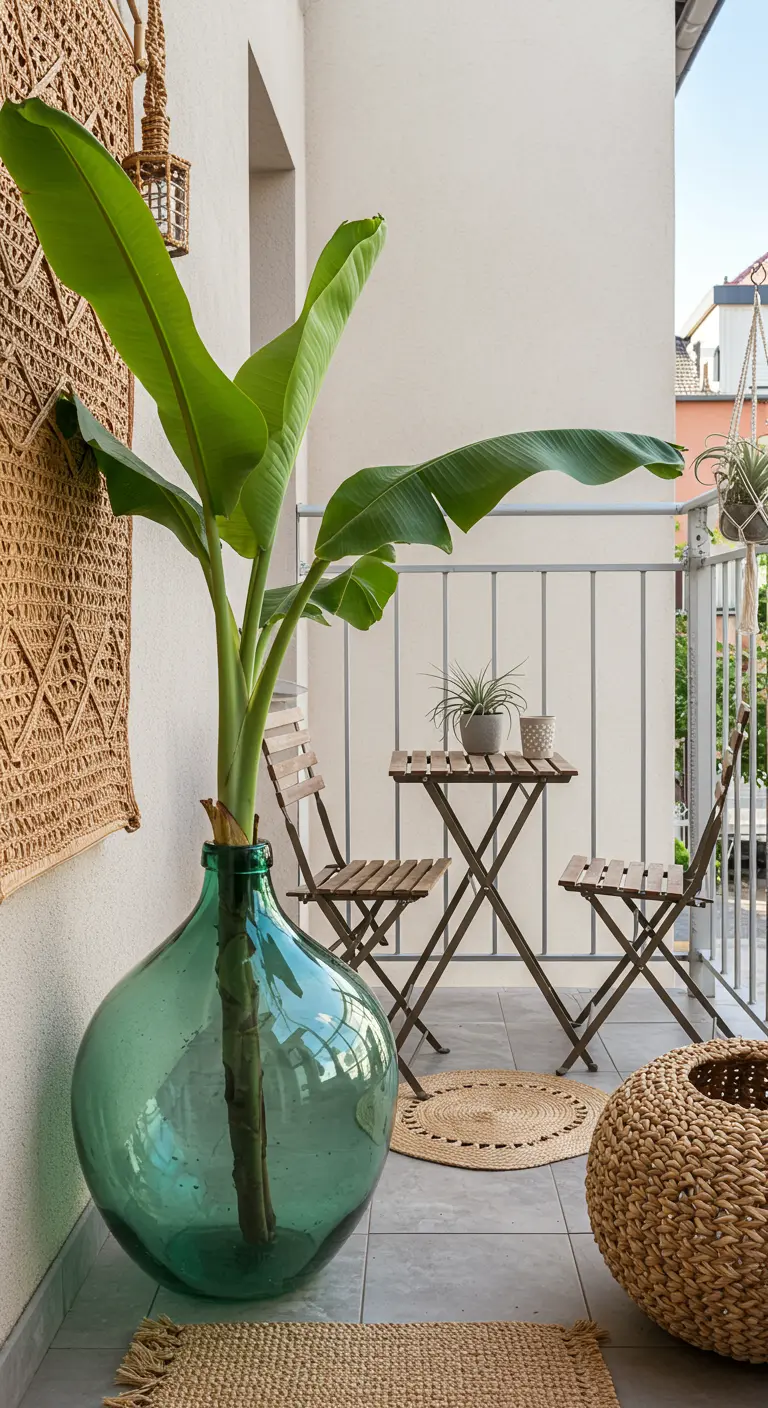 A giant banana plant leaf in an oversized green glass vase on a balcony.