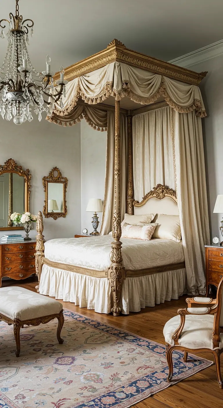 Ornate traditional bedroom with a grand, gilded four-poster bed and heavy drapery.