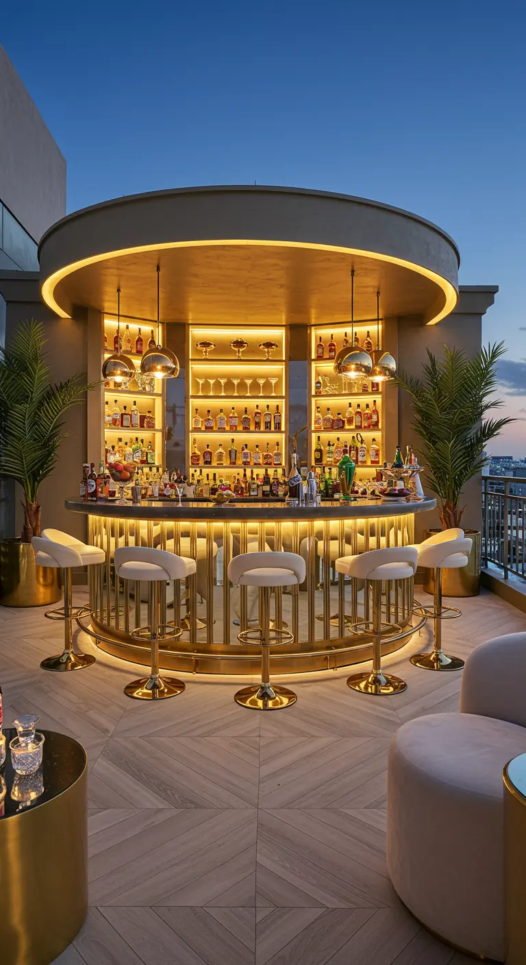 Curved golden terrace bar with cream stools and warm, layered lighting.