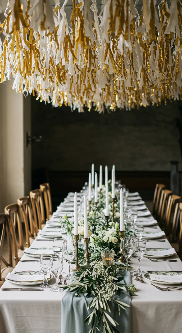 Gold and white crepe paper streamers hanging from the ceiling over a long, formal dining table.