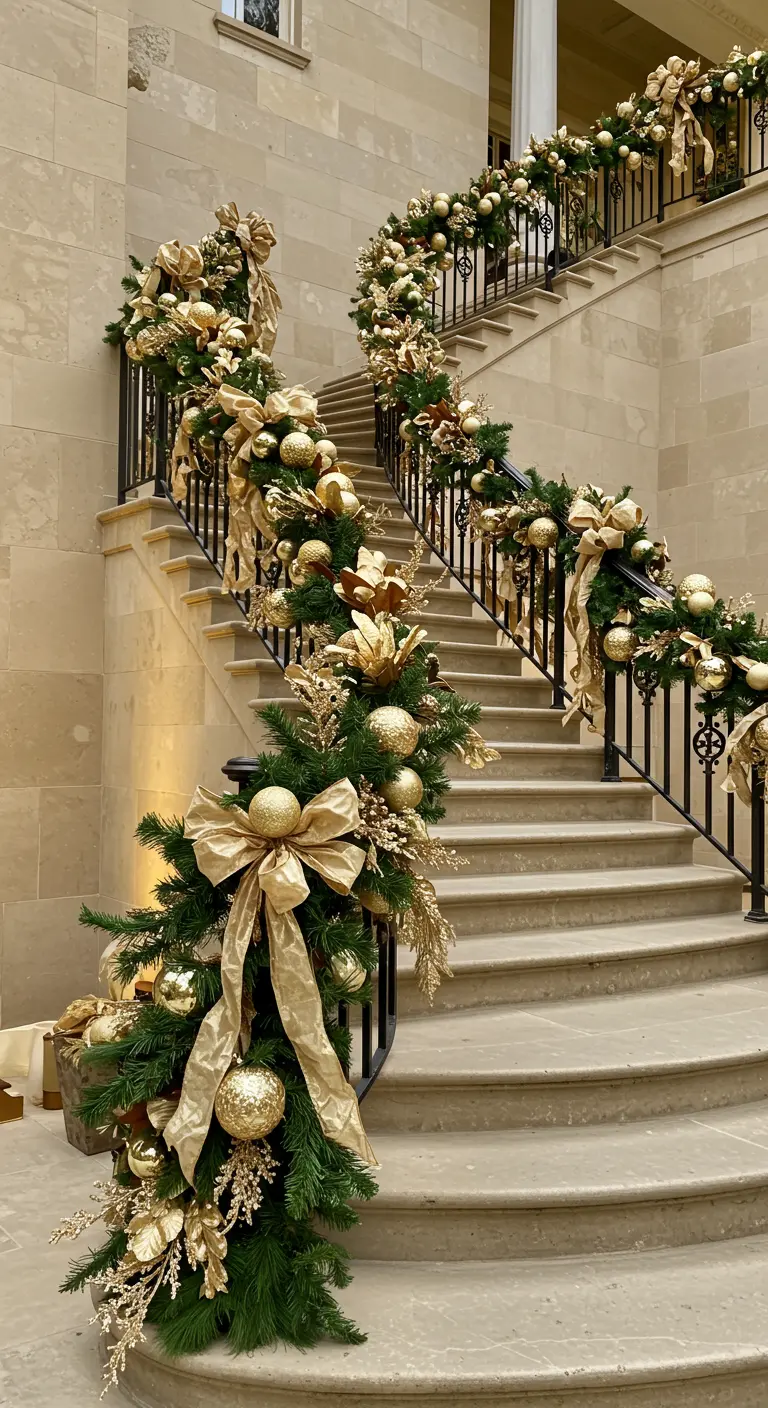 Grand staircase railing lavishly decorated with gold bows, ornaments, and greenery.