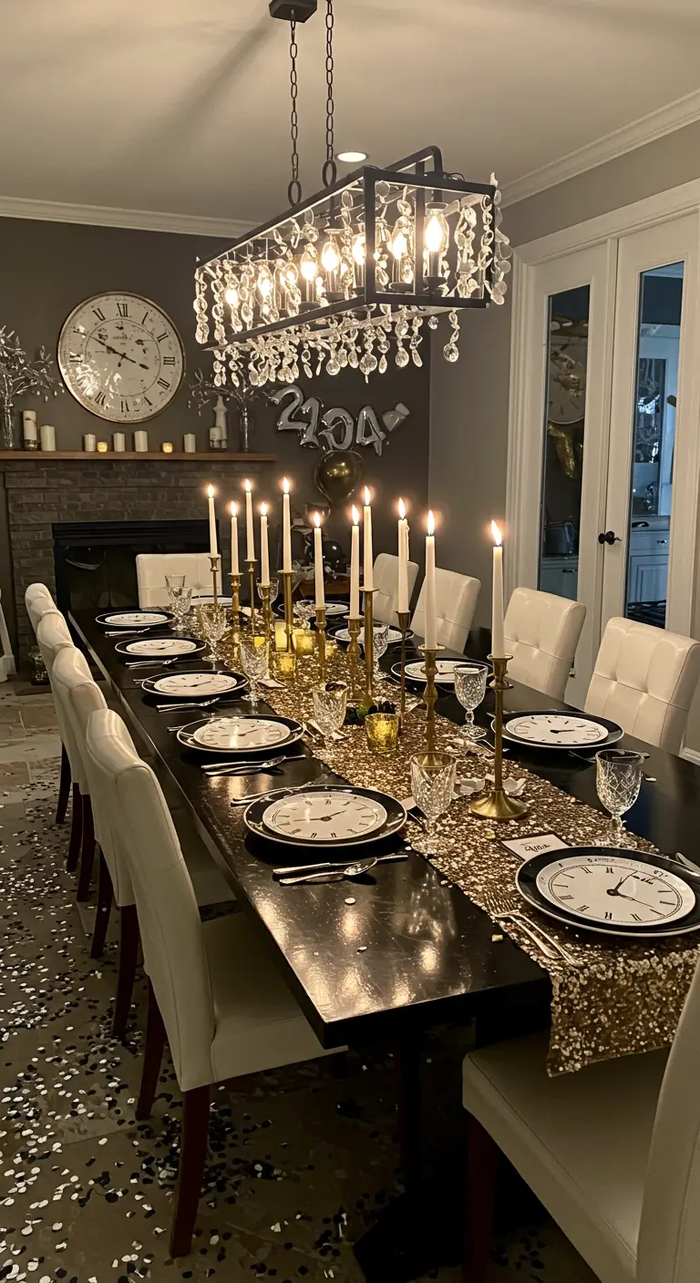 Long NYE dining table with a gold sequin runner, clock plates, and tall white candles.