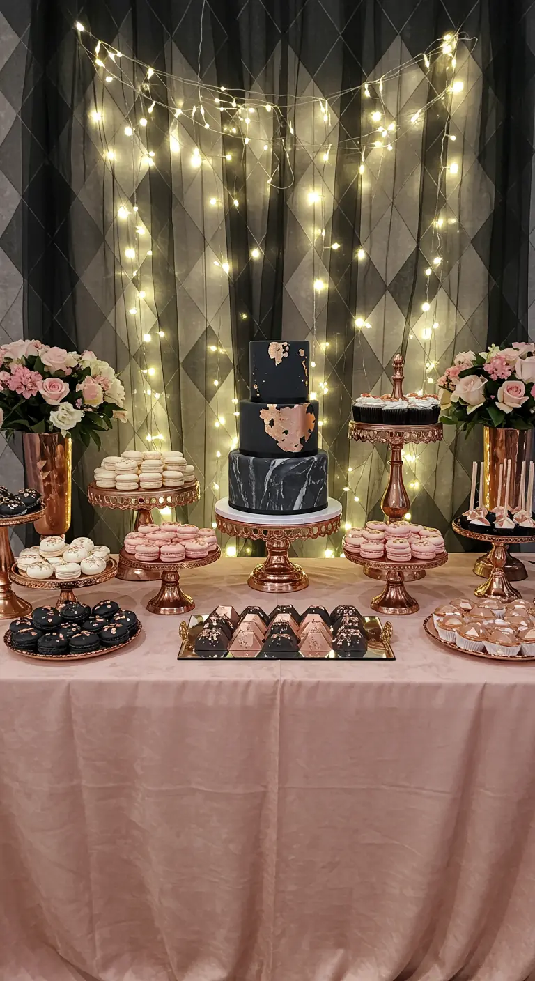 Black, blush, and rose gold dessert table with a marbled cake and fairy light backdrop.