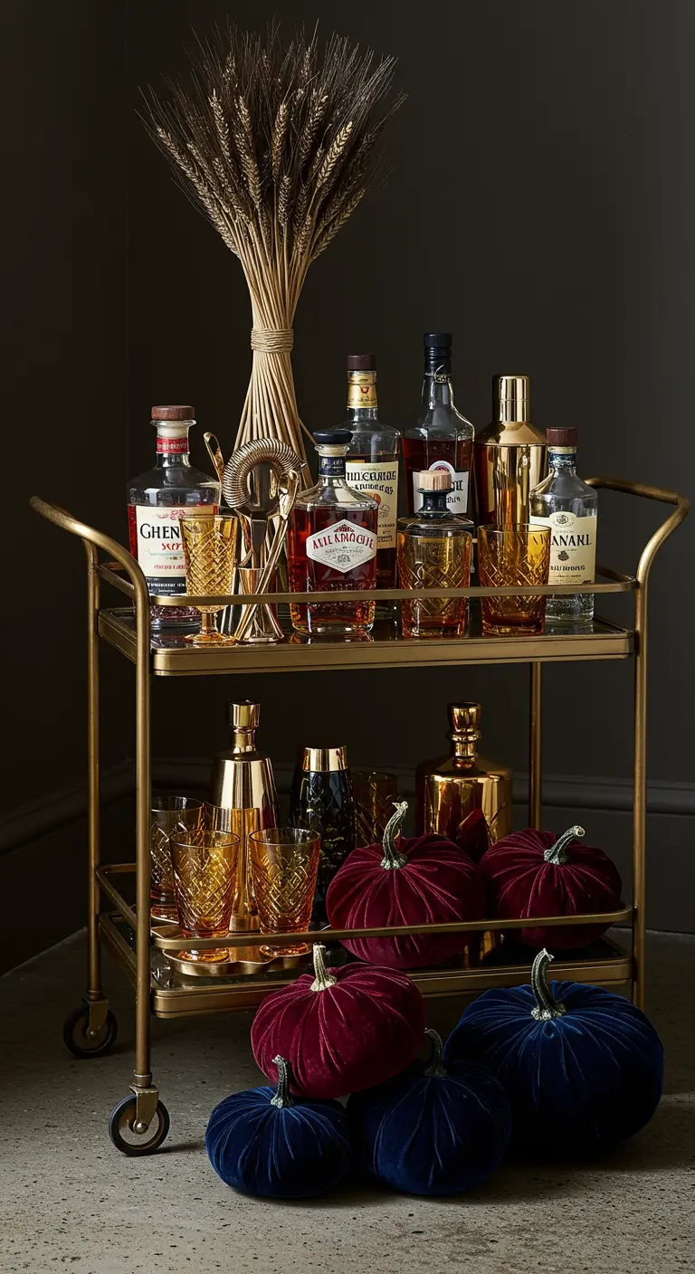 Gold bar cart with fall decor including wheat and jewel-toned velvet pumpkins.