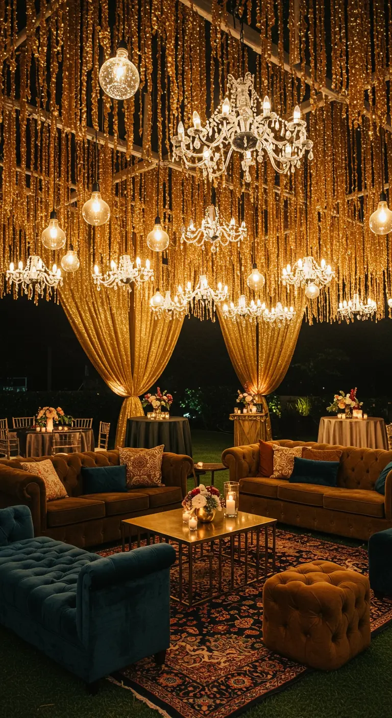 A lavish party lounge with a ceiling of gold tassels, chandeliers, and velvet sofas.