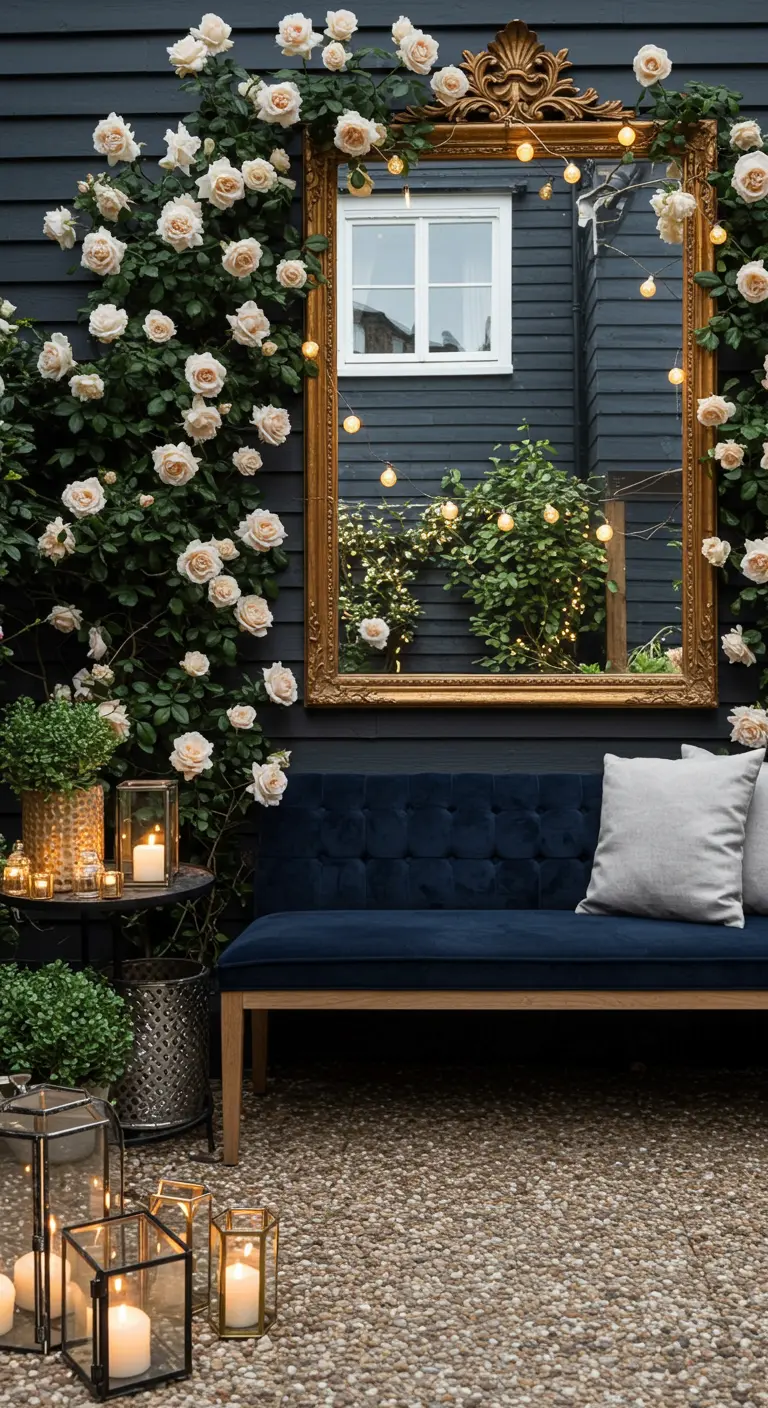 An ornate gold mirror on a dark wall, framed by white climbing roses, reflecting the garden.