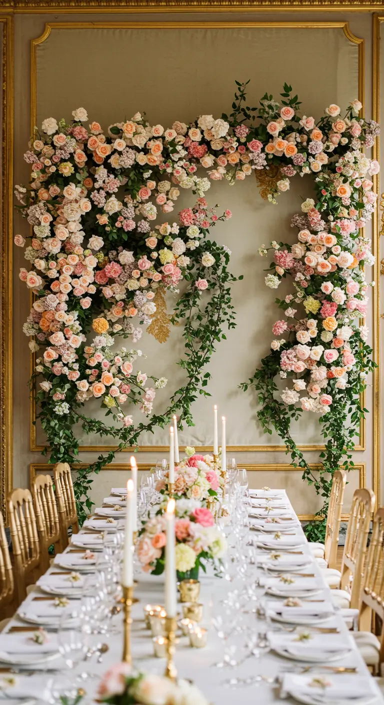 Peach and pink roses framing an elegant, gilded wall panel.