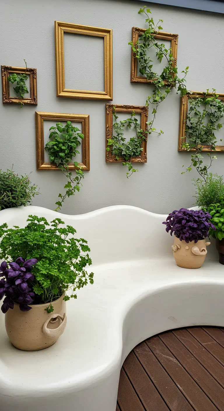 A white wall with a collection of empty gold frames through which green ivy is growing and climbing.