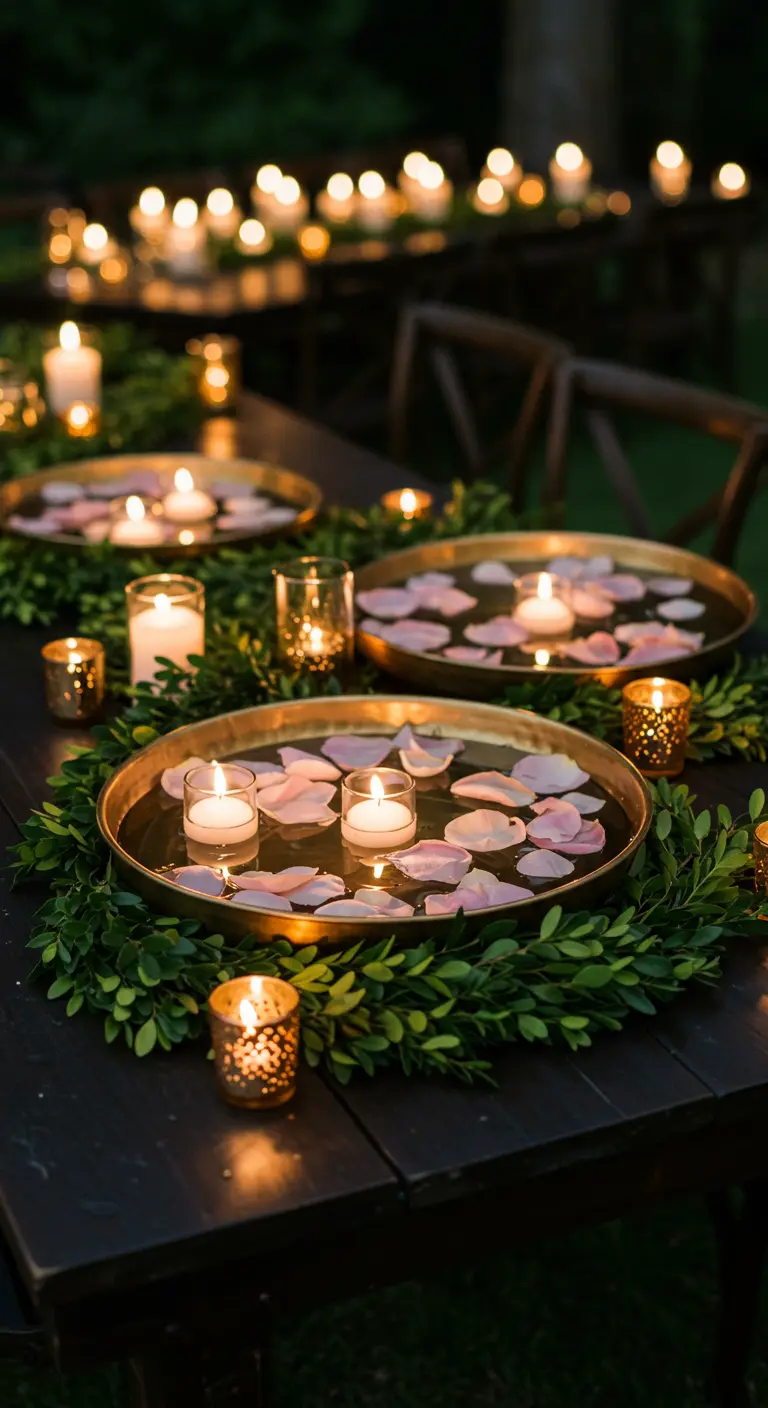 A brass tray with floating candles and petals sits inside a wreath of green leaves on a dark table.