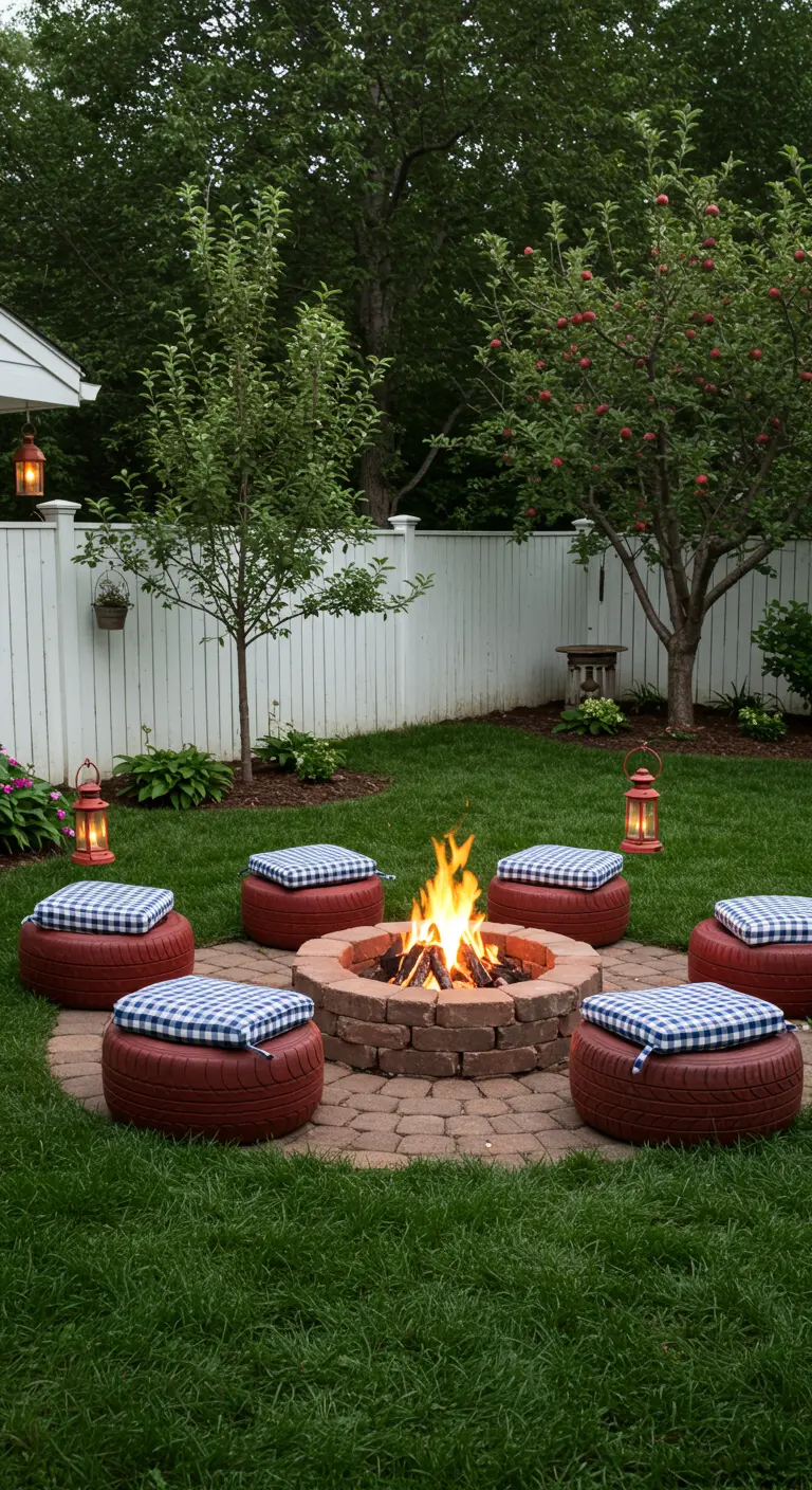 A backyard fire pit with red-painted tire seats topped with blue gingham cushions.