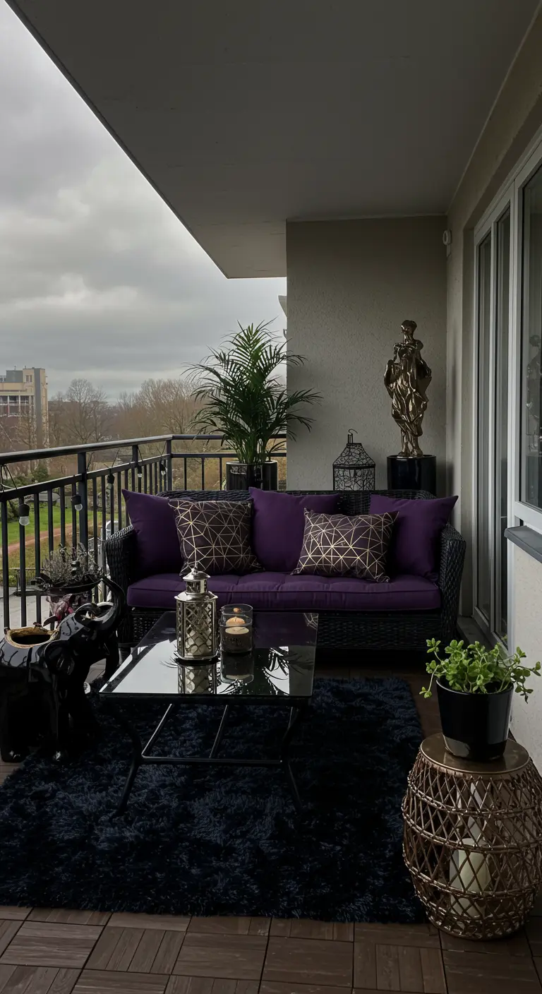 A sophisticated balcony with a black rug, purple sofa, and metallic accessories.