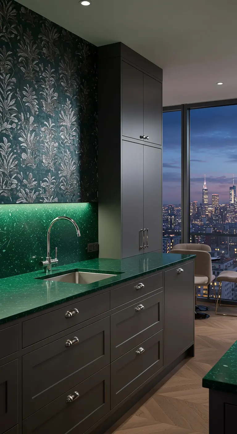 A dark, glamorous kitchen with sparkling wallpaper and a window overlooking a city at night.
