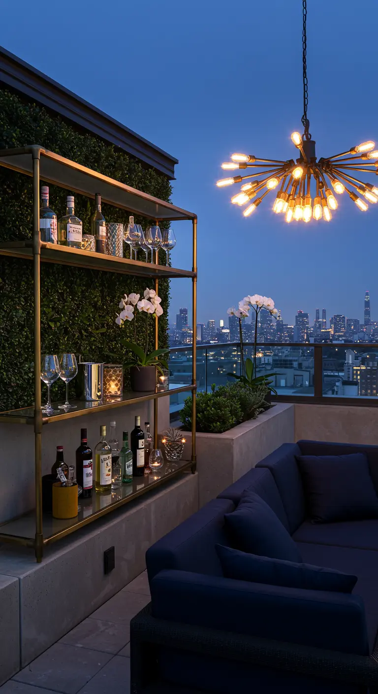 Rooftop bar with gold pipe shelves, glass tops, and a dramatic starburst chandelier against a city view.