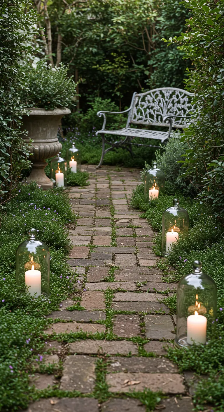A mossy brick path is lined with white pillar candles covered by elegant glass cloches.