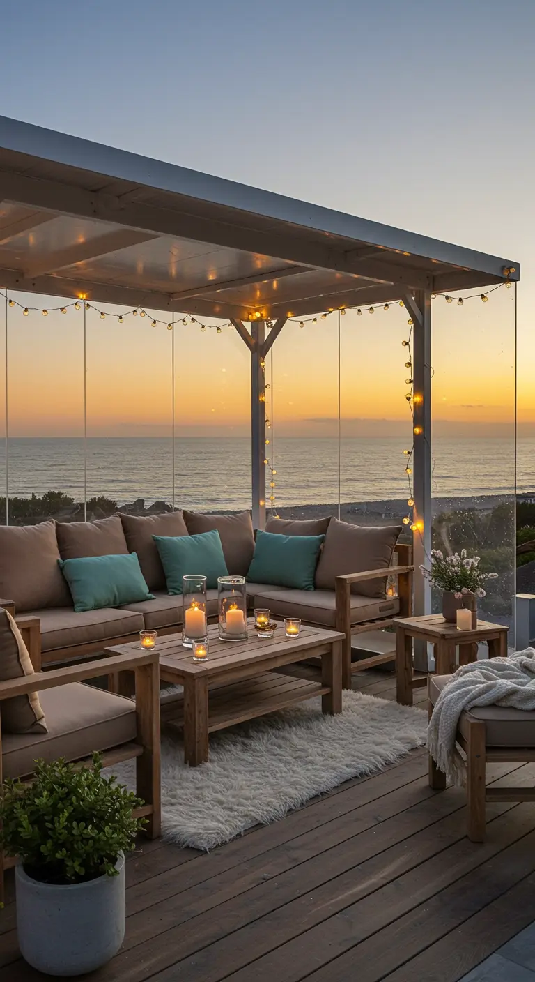 A glass-enclosed patio with wooden furniture and a shaggy rug, overlooking the ocean at sunset.