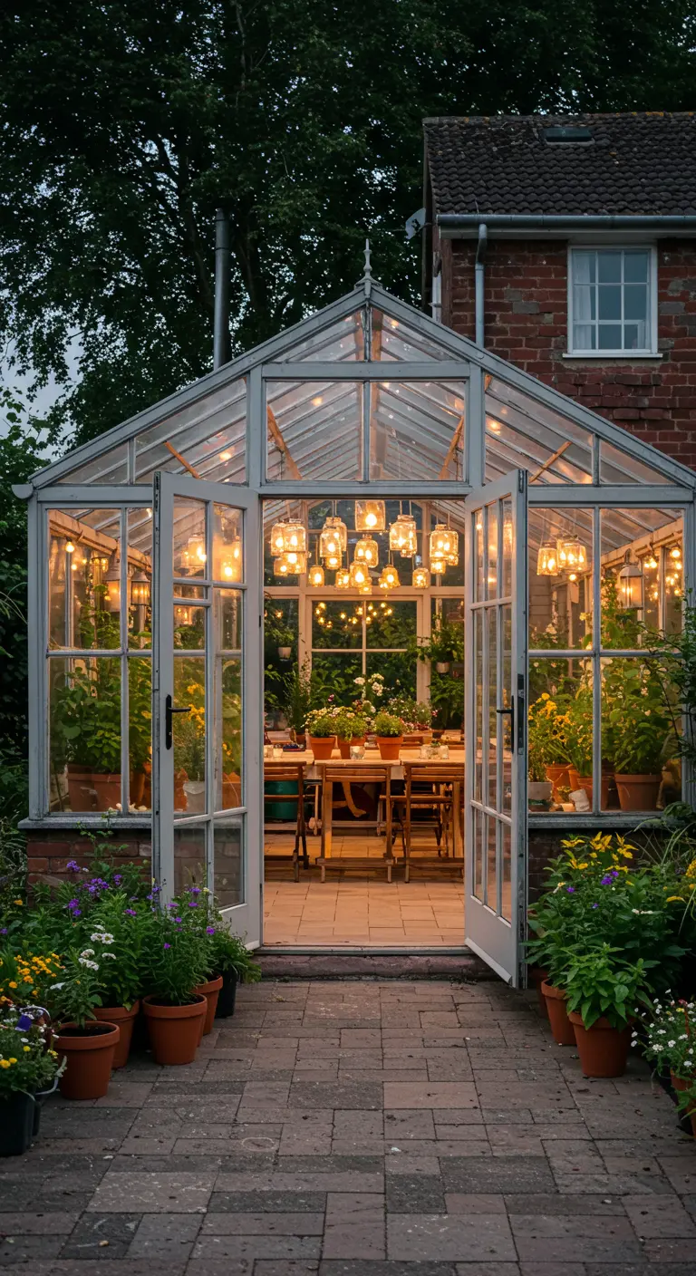 A greenhouse interior converted into a dining room with a cluster of lights overhead.