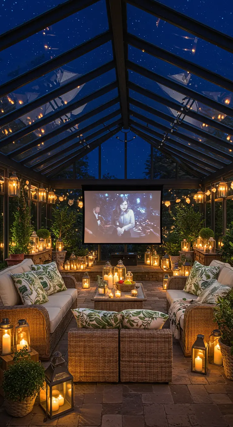 A movie night inside a glass conservatory filled with plants, wicker furniture, and string lights.