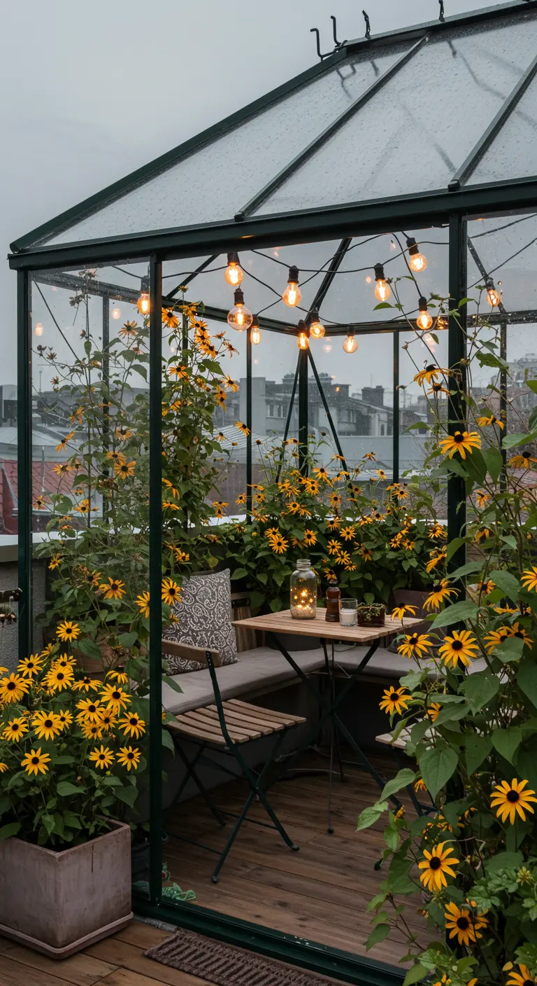 A small greenhouse on a rooftop filled with yellow flowers, creating a cozy dining nook.