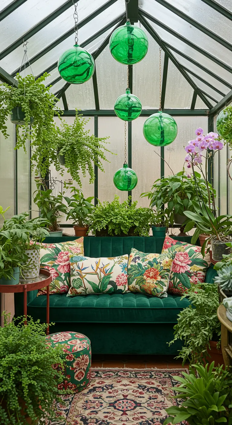 A sunroom-style balcony with a green velvet sofa, floral pillows, and hanging green glass orbs.