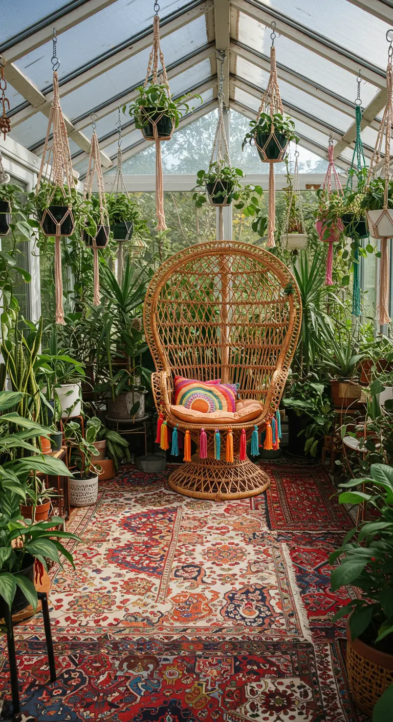 A wicker peacock chair with a colorful tassel pillow in a plant-filled greenhouse.