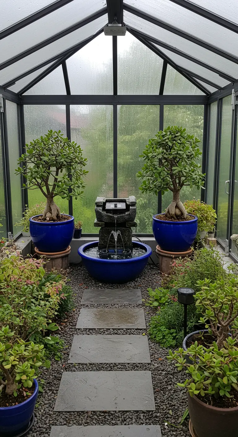 Small greenhouse with two jade bonsais in blue pots and a central water fountain.