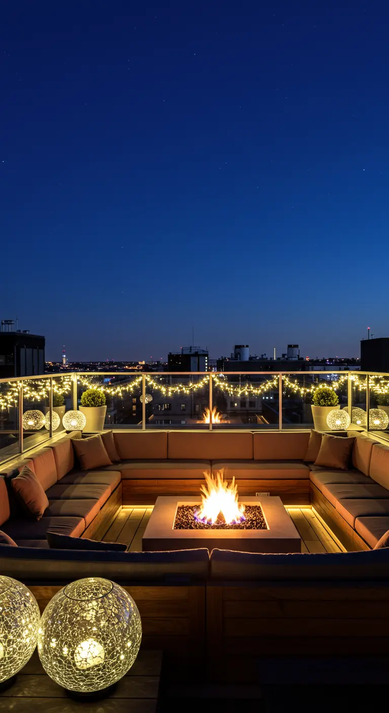 A sunken rooftop lounge with a central fire pit, surrounded by cozy seating and glowing glass orbs.