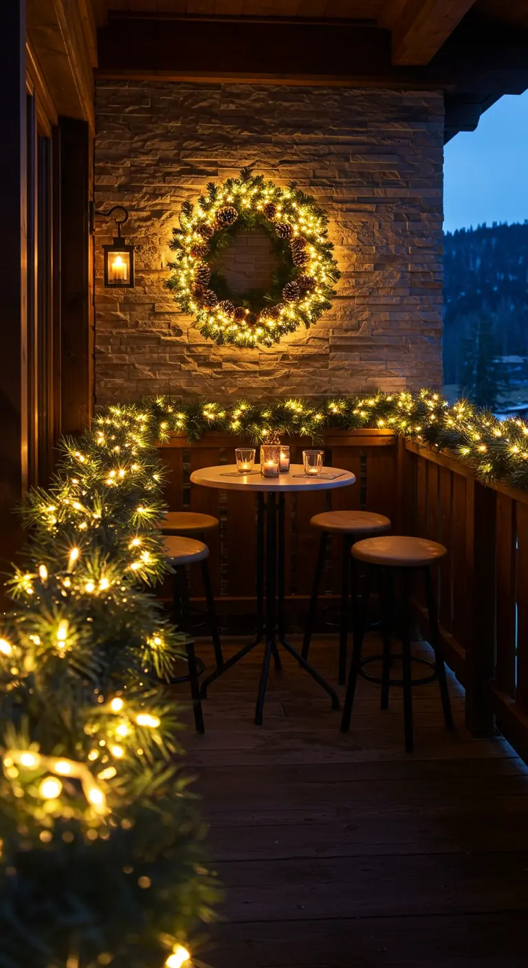 A stone balcony wall at night, heavily decorated with glowing fairy lights on a wreath and garland.