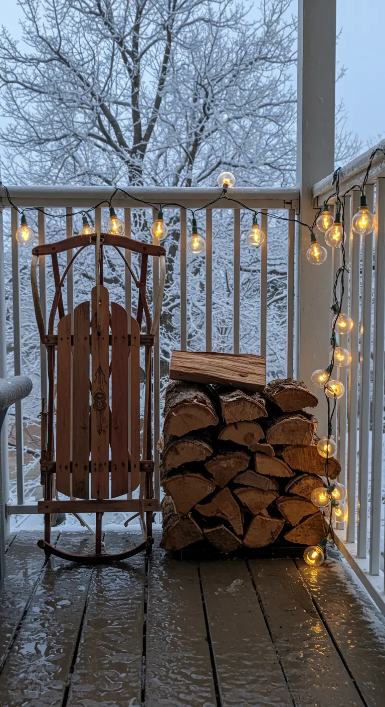 Icy porch with a rocking sled, firewood, and large globe string lights.
