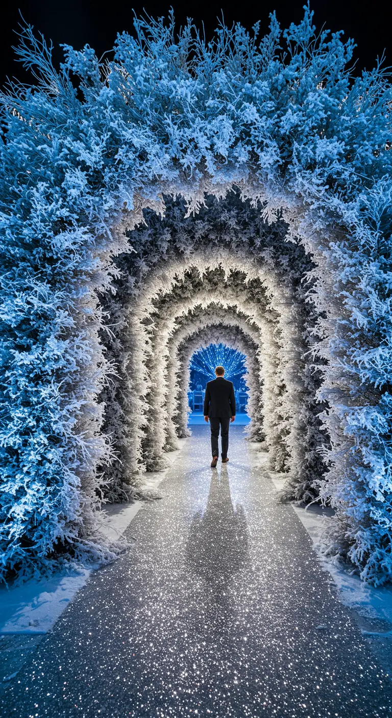 A man walks through a magical tunnel made of frosted, illuminated branches with a glittery floor.