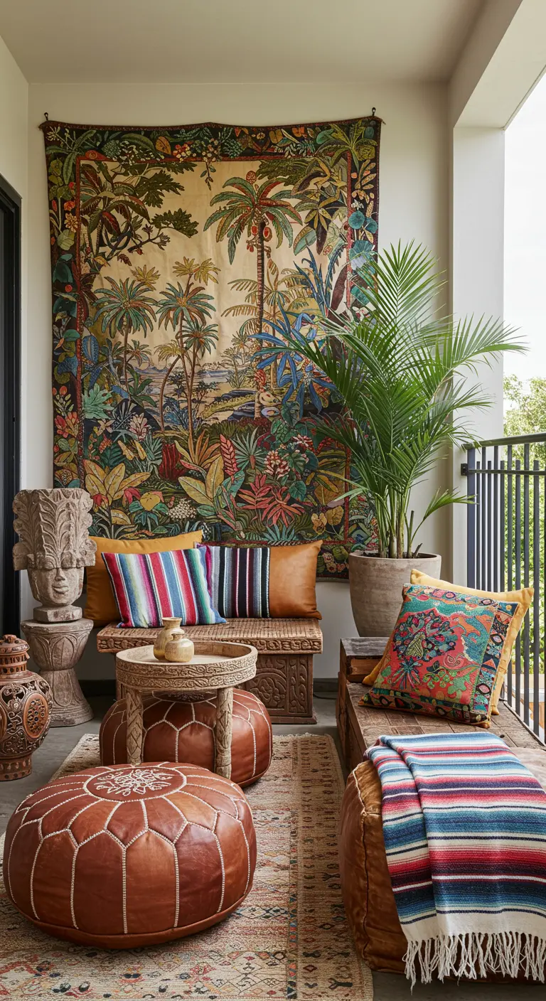 An eclectic balcony decorated with a large tropical tapestry and Moroccan leather poufs.