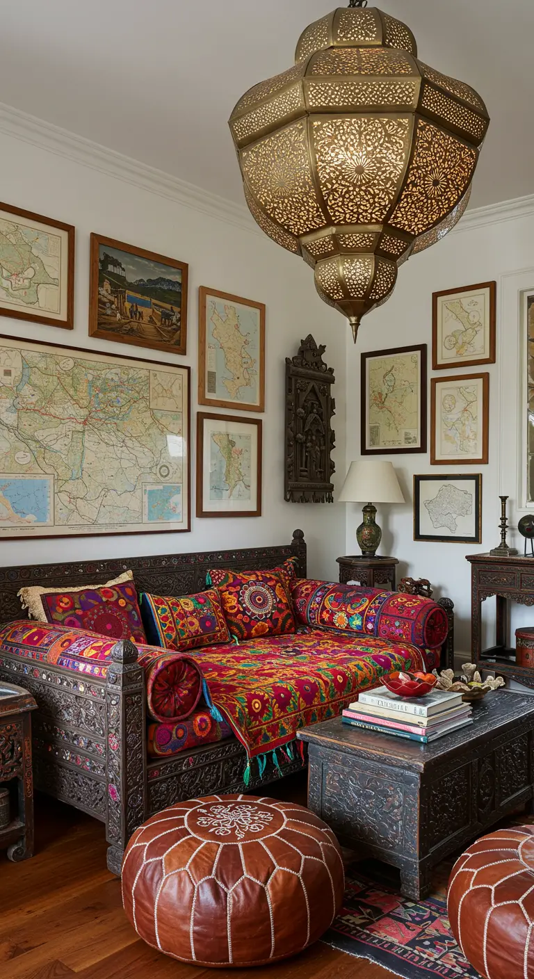 An eclectic room with a carved daybed, a gallery wall of maps, and a large central Moroccan lantern.